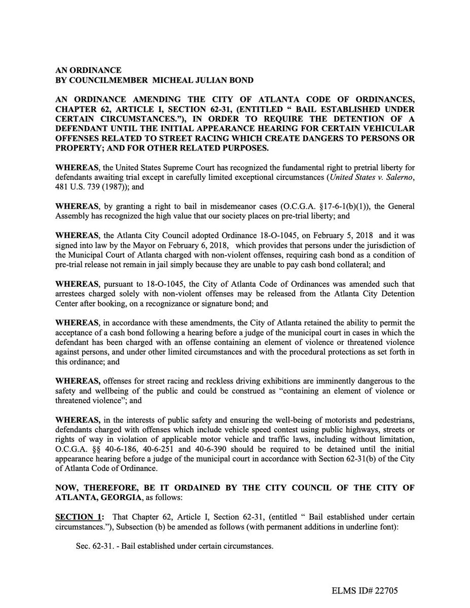This brings us to Michael Julian Bond’s latest maneuver: an ordinance that modifies our bail reform ordinance to designate traffic offenses associated with stunt shows and racing as “violent” so that those arrested will be held pretrial and denied the benefits of reform.