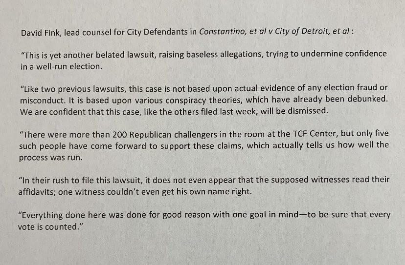 Detroit attorney responds, stating the lawsuit is based upon “conspiracy theories:”