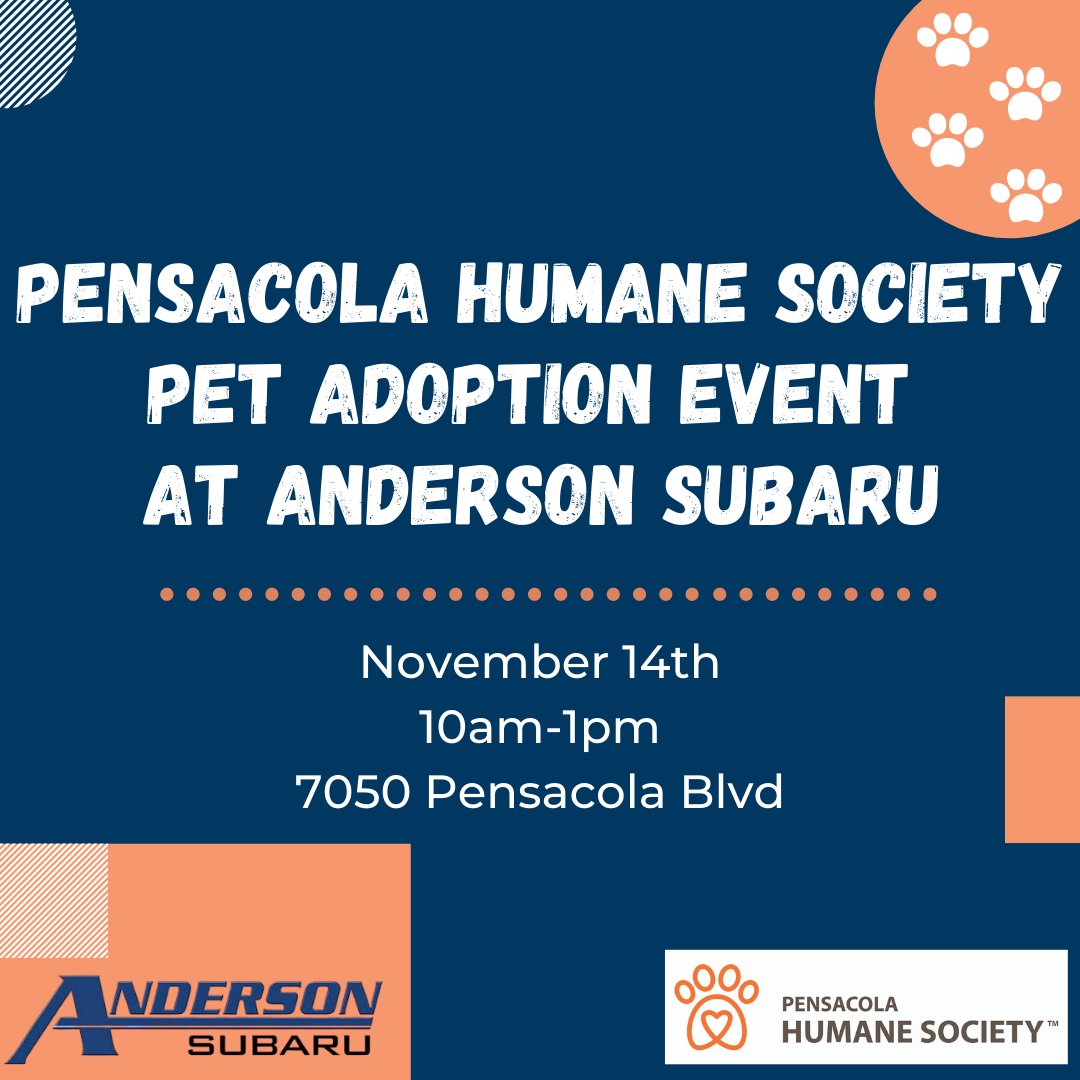 PensacolaHumane's tweet photo. Shop the Shelter at Anderson Subaru - Join the Pensacola Humane Society at Anderson Subaru on Saturday, Nov. 14th from 10am to 1pm for a big adoption event! We will be bringing the Humane Express with adoptable animals all looking for their furever home. https://t.co/fMZCwPKEE4 https://t.co/AmeXiFUDEL