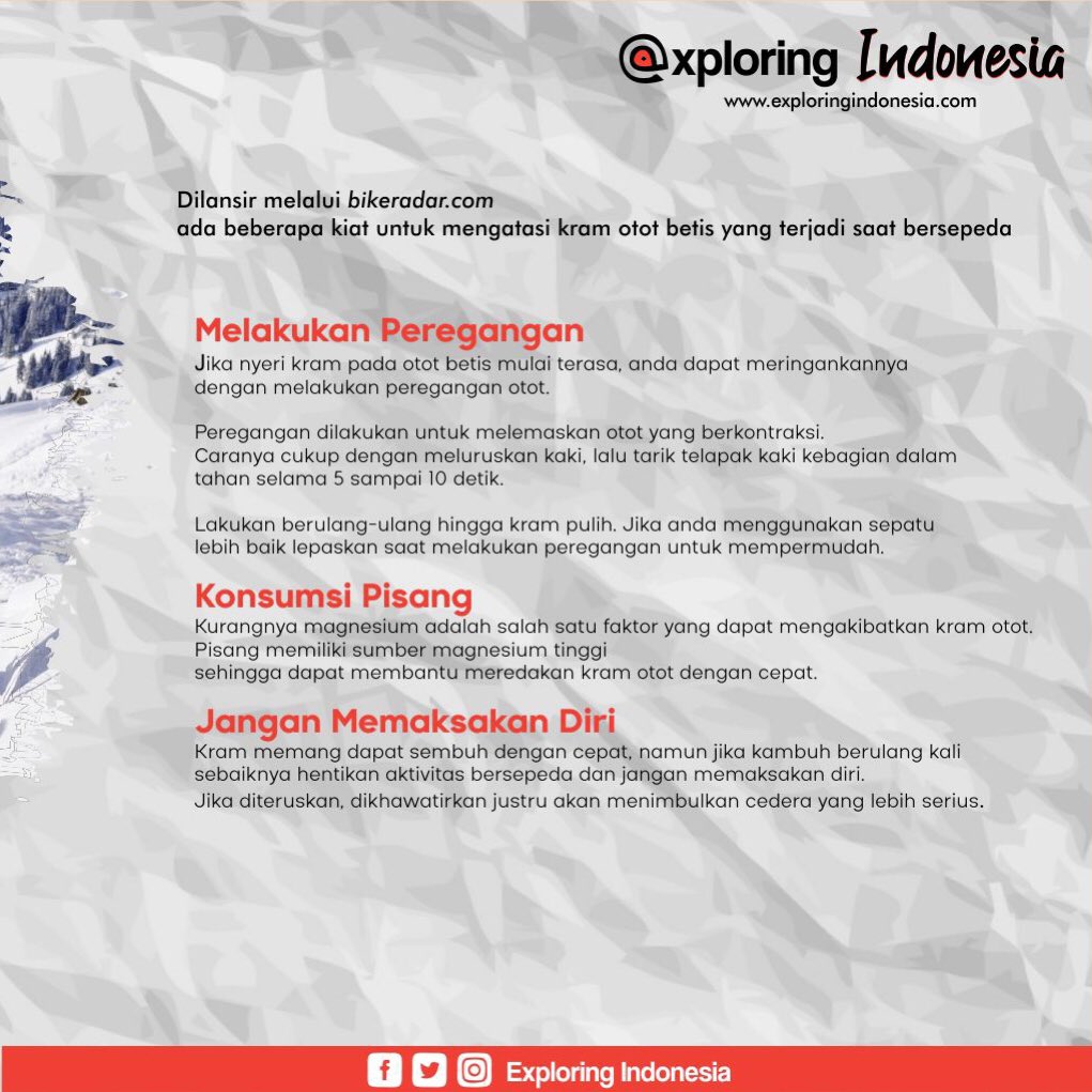 ExploringIndon1's tweet photo. -
Jika kram otot betis saat sedang asik bersepeda, tak usah panik
Rileks dan lakukan beberapa langkah ini
-
Temukan berbagai informasi menarik seputar keindahan Indonesia di https://t.co/LTUknCCc3S
#exploringindonesia #explore #pariwisataindonesia #caramengatasikram #guide https://t.co/9DFWFcpknb