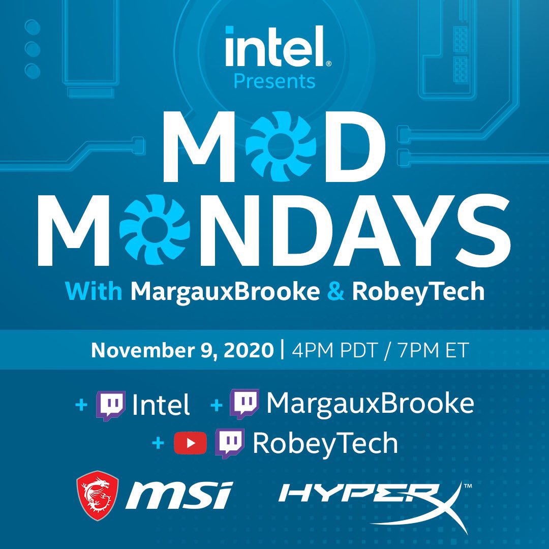 Join me today at 4pm PST for #ModMondays! I will be hanging out with @MargauxBrooke and helping her build her first @IntelGaming PC!  Powered by the @intel 10850k it will be paired with an @msiUSA RTX 3080 Gaming X Trio, MEG Z490 Unify Mobo and storage + RAM provided by @HyperX!