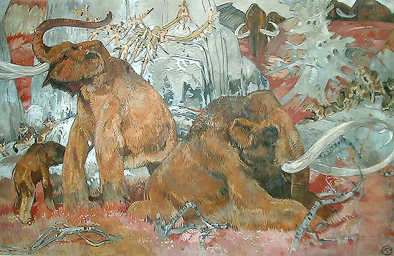 As far as I can tell, 25 paintings were made for the museum, though it seems only 6 feature prehistoric animals. Méheut was assisted by Yvonne Jean-Haffen. Méheut chose the murals' colors to match the hall's furniture.