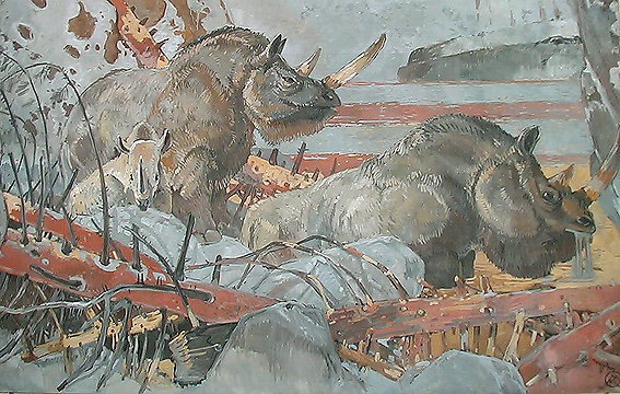 As far as I can tell, 25 paintings were made for the museum, though it seems only 6 feature prehistoric animals. Méheut was assisted by Yvonne Jean-Haffen. Méheut chose the murals' colors to match the hall's furniture.