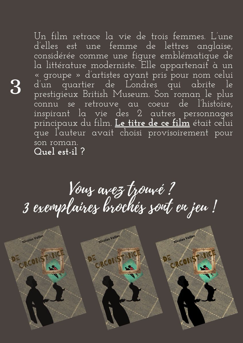 NiValAuteur's tweet photo. 1 quiz.
3 questions.
3 exemplaires brochés de "De circonstance" à gagner" !
Tirage au sort le SAMEDI 21 NOVEMBRE.
Bonne chance à tous ! 😉
#concours #quizlitterature #noelavantlheure #ideecadeau #roman #policier #feelgood #humour #cosymystery #decirconstance https://t.co/5gyACEoJ4O