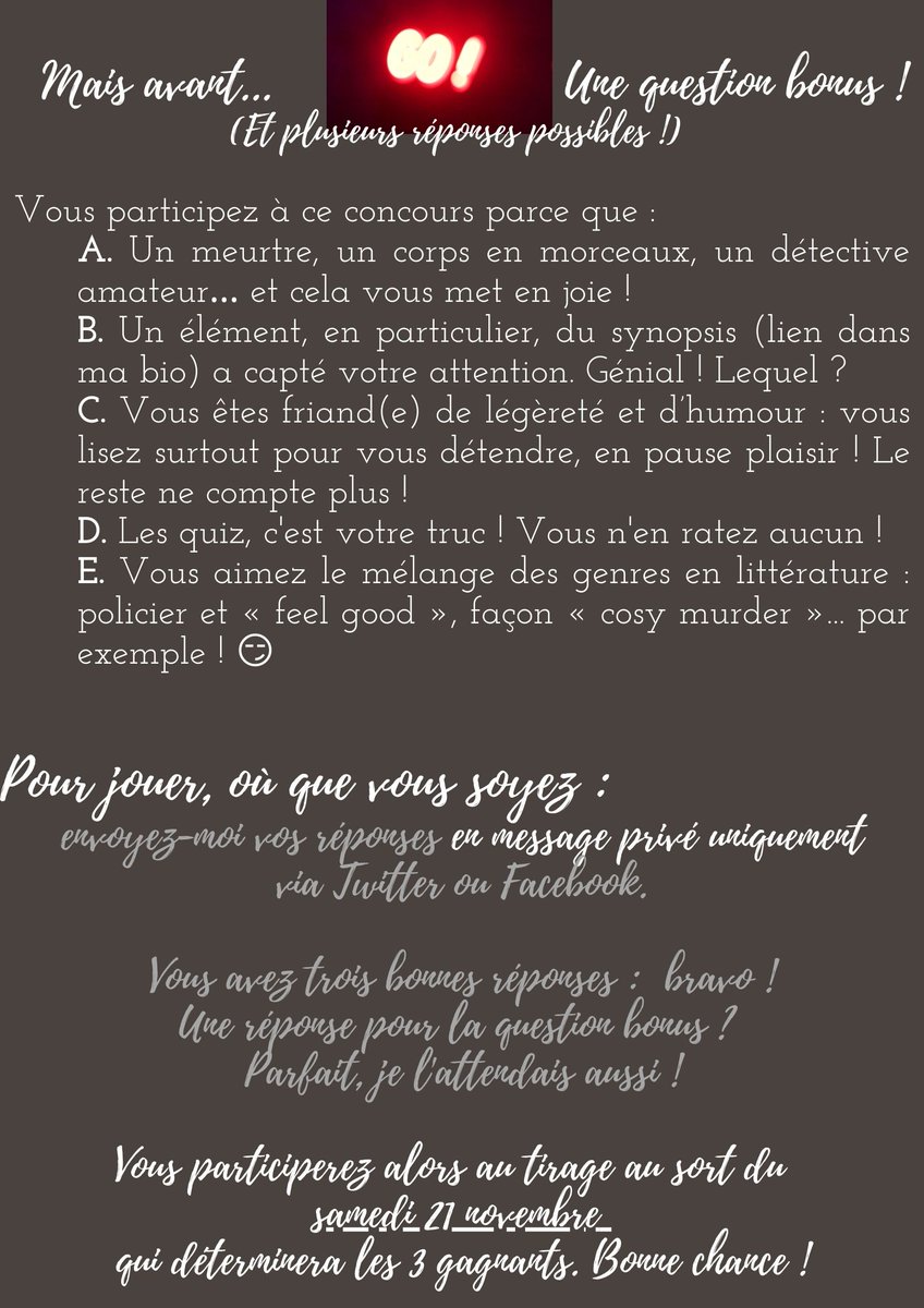NiValAuteur's tweet photo. 1 quiz.
3 questions.
3 exemplaires brochés de "De circonstance" à gagner" !
Tirage au sort le SAMEDI 21 NOVEMBRE.
Bonne chance à tous ! 😉
#concours #quizlitterature #noelavantlheure #ideecadeau #roman #policier #feelgood #humour #cosymystery #decirconstance https://t.co/5gyACEoJ4O