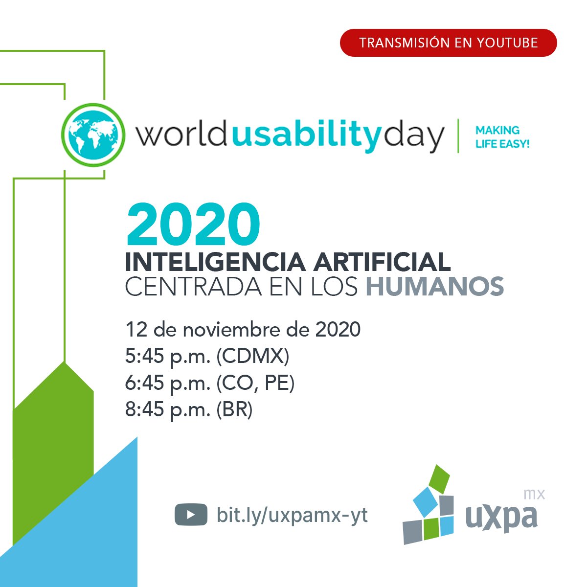 Este 12 de noviembre estaremos celebrando el Día Mundial de la Usabilidad 2020 en companía de algunas comunidades UX y queremos invitarte al evento en vivo a través de nuestro canal de YouTube. Habrá ponencias de expertos en temas de inteligencia artificial y UX. #wud2020 #uxpamx