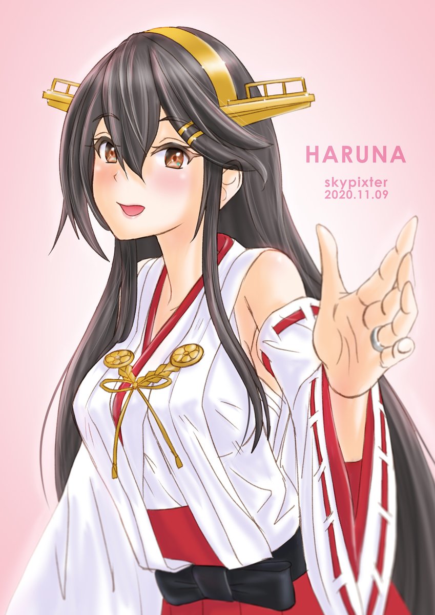 haruna (kancolle) 1girl solo long hair black hair detached sleeves hairclip headgear  illustration images
