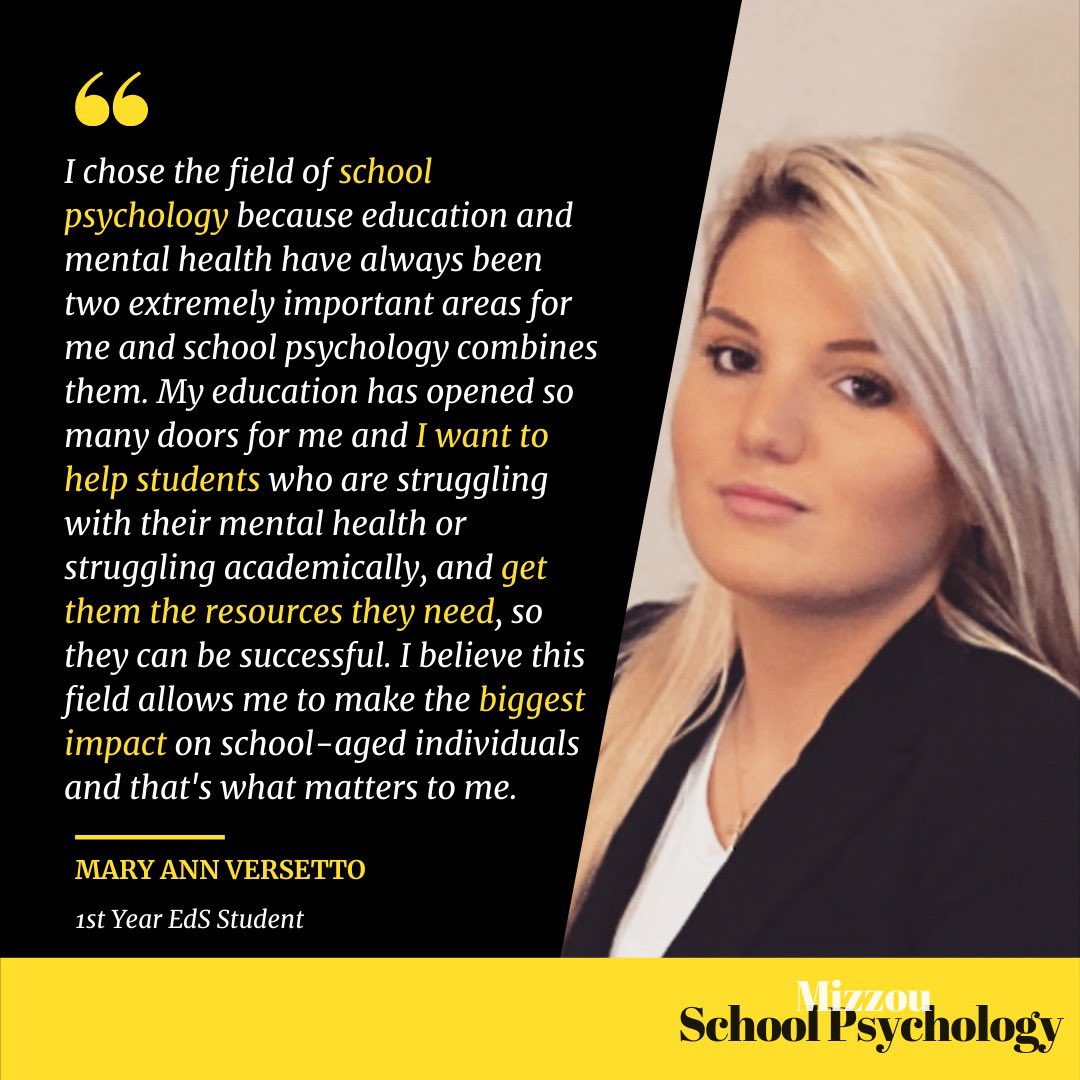 MizzouSASP's tweet image. Meet Mary Versetto (@Maryyverse)! Mary is a first year student in the EdS program and a site coordinator for @AWWWN_mizzou. This is why she chose to get her degree in school psychology... #NASP #NSPW #SPAW2020 @MizzouEducation @MOSchoolPsych @nasponline @MizzouPsych