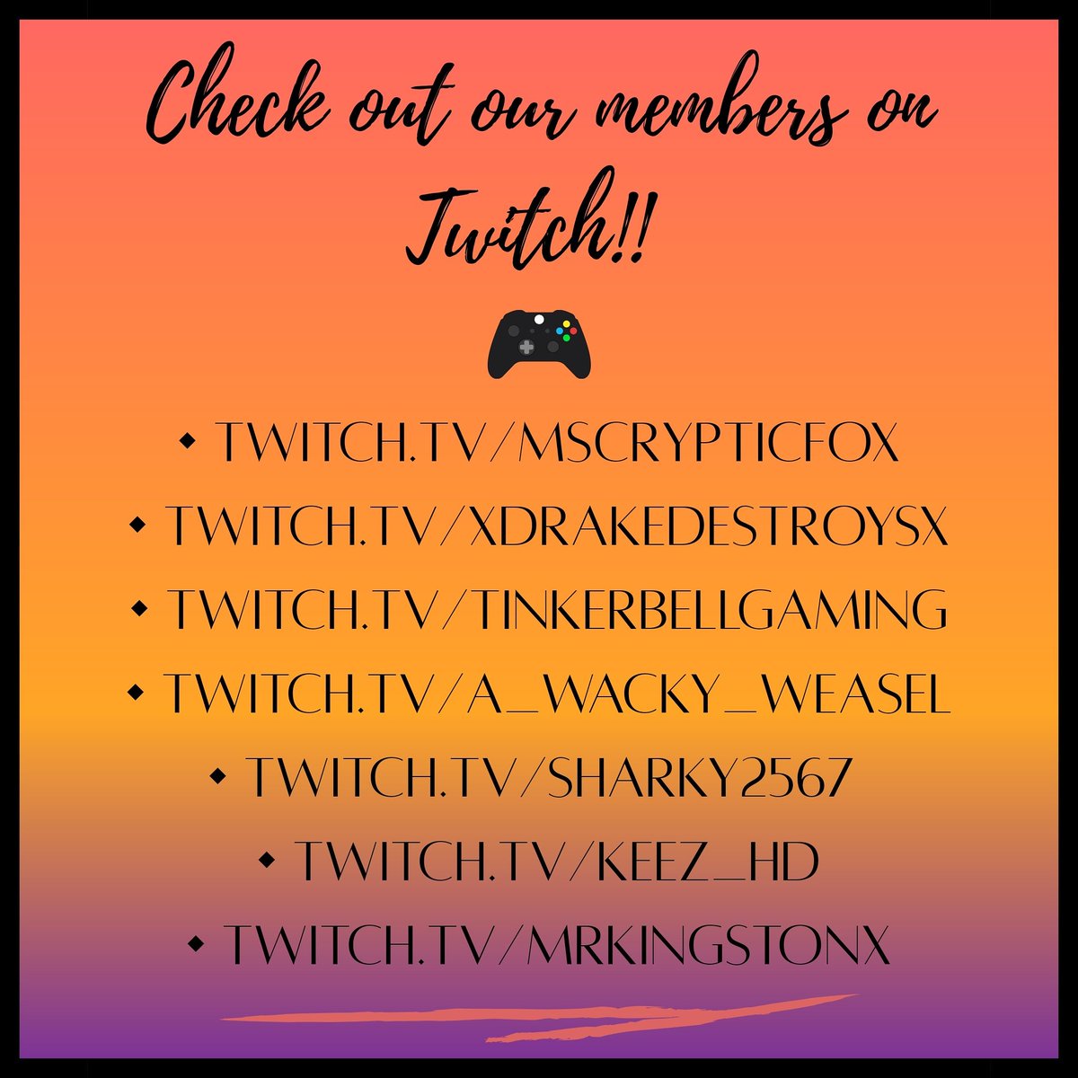 XGamersUnityX's tweet photo. @StreamingPromos Be sure to check out our members on #Twitch! ๐ฎ๐ ~
#Showsupport #ChannelPromotions #TwitchStreamers https://t.co/RUawb918oB