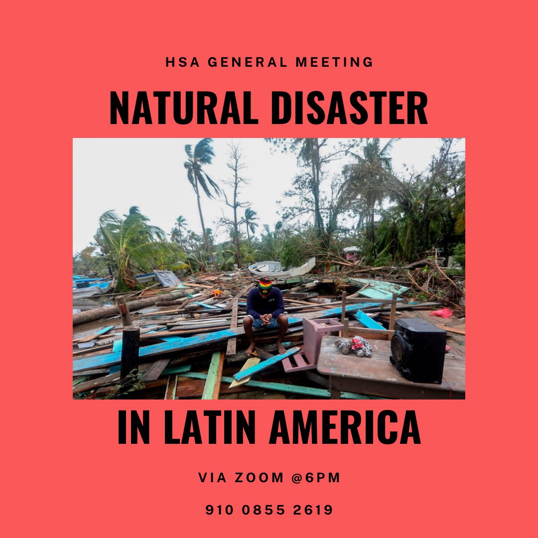 UNT_HSA's tweet photo. Good afternoon everyone, 

Today at 6 pm we will be having our meeting via ZOOM. We thought this week it was important to talk about the recent natural disaster, Storm Eta, that hit certain parts of Latin America, as well as discuss what ways we can help. Hope to see you there. https://t.co/zpynbj77kQ