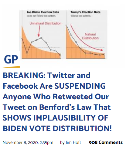 "Countering Disinformation" @realDonaldTrump  @ReckoningTruth Why  @Cobleone is suspended:Facebook, Twaddle Suspends Accounts That Post mathematical formula exposing Implausible Biden Vote Counts -- LABELING IT "SEXUAL EXPLOITATION"  https://www.thegatewaypundit.com/2020/11/update-facebook-twitter-suspend-accounts-posted-benfords-law-showing-bidens-implausible-vote-totals-labeling-sexual-exploitation/