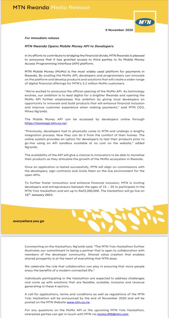 mkngambi's tweet photo. 3/3: And one last thing #RwOT, @MTNRwanda will also be launching a #YOLOHackathon on 15th January 2021 inviting developers to share their creations, developed using #MoMoAPI, to stand a chance to win some great prizes. Keep an eye on @MTNRwanda for further dets on this soon. π https://t.co/glQwPWq1t3
