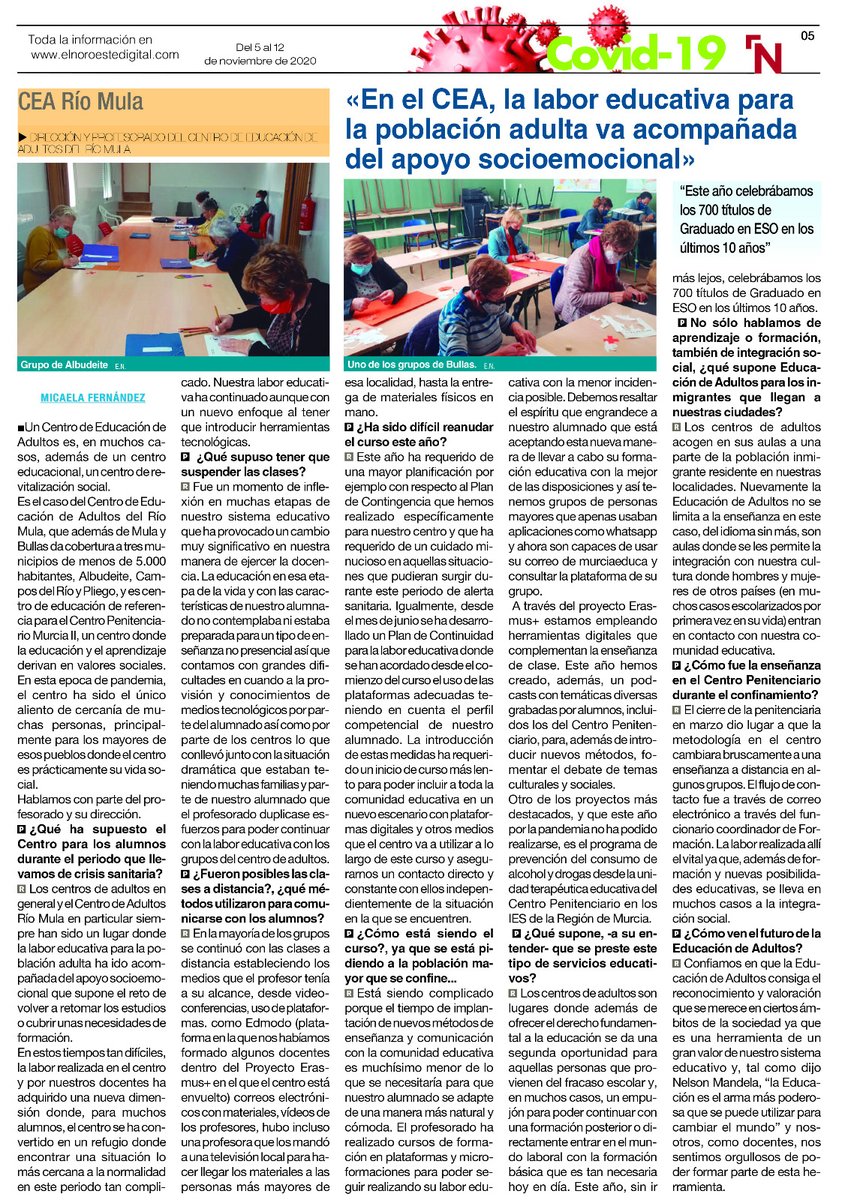 ceariomula's tweet photo. El Centro de Adultos Río Mula ha sido entrevistado acerca de cómo se está viviendo y haciendo frente a la situación derivada de la pandemia de la Covid-19 en los centros de adultos y en este en particular.
@EPALE_ES  @RmEsperanza @fadultos https://t.co/dUrOrw3X4x