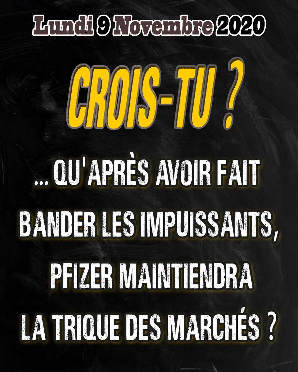 Et toi? Crois-tu qu'après avoir fait bander les impuissants, #PFIZER maintiendra la trique des marchés ?🤔 #CAC40  #Vaccin #COVID19france #Covid19 #Covid #confinement #virus #crise #Indices #bourse #croissance #espoir #laguerreestfinie #DAX #DowJones #Nasdaq #Covid_19 #COVID__19