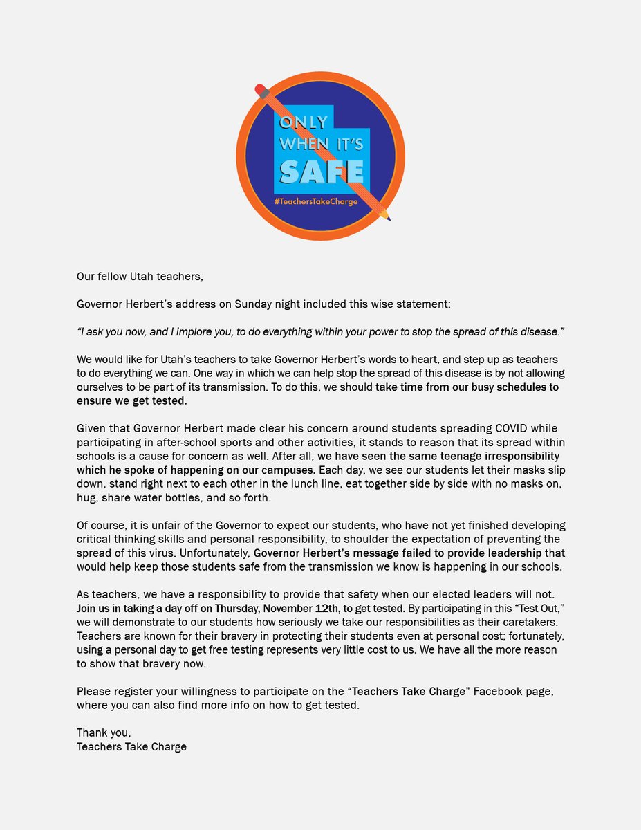 Utah Teacher "Test Out" on THURS NOV 12th
#uted #utcovid19 #utpol #teacherstakecharge