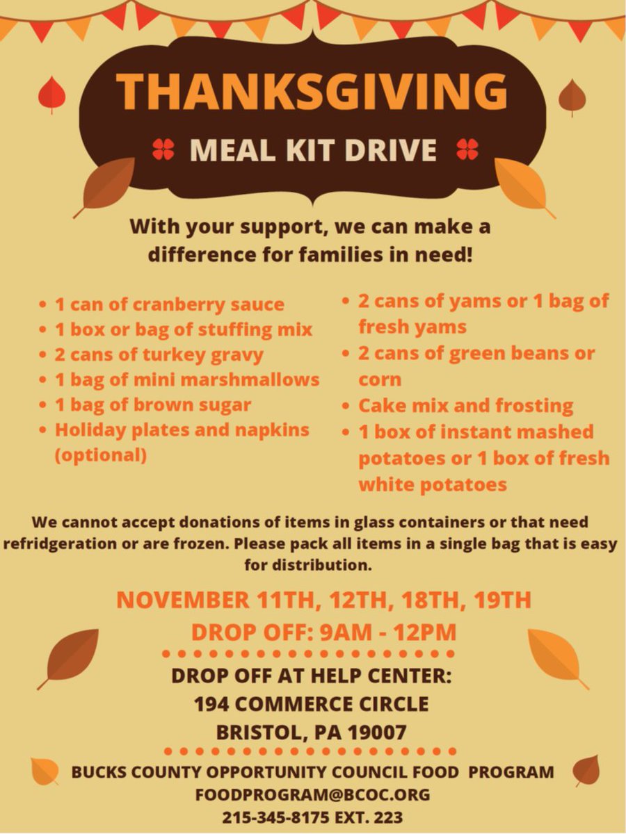 The first-ever Thanksgiving Meal Kit starts this week! Donate the ingredients for a delicious Thanksgiving meal- see flyer for details. Drop off dates are November 11th, 12th, 18th and 19th ONLY, and must be dropped at the HELP Center, 194 Commerce Circle in Bristol.