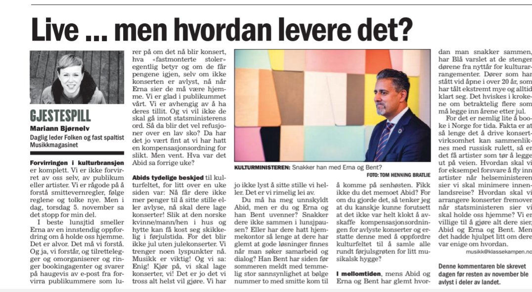 Treffende overskrift når <a href="/mariannbjornelv/">Mariann Bjørnelv</a> på <a href="/Folken/">Folken</a> skriver at regjeringens nye veikart for konsertlivet ikke stemmer med terrenget.