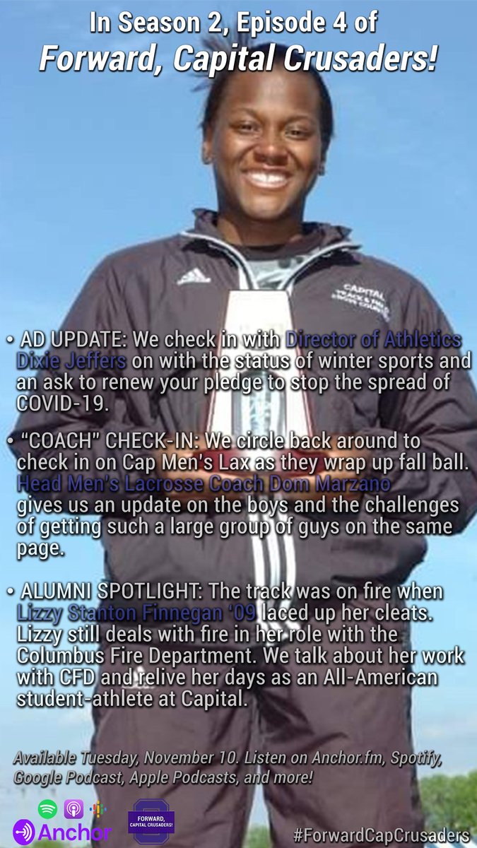 cap_athletics's tweet photo. Tomorrow we unveil Episode 2.4 of #ForwardCapCrusaders where we get to sit down with 4x All-American and @ColumbusFireEMS Lizzy (Stanton) Finnegan '09.
Also, your AD Update with @CoachDjeffers and check-in with @Dom_Marzano of @CapMensLax ! #CapFam https://t.co/vCpyI3uRnM