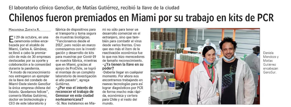 ProChile's tweet photo. Muchas felicidades a #GenoSur beneficiarios de #ProChile, empresa chilena que ha destacado durante la pandemia por sus test rápidos y PCR, ya que fueron premiados por el alcalde de Miami por su contribución ¡Todo el éxito para ustedes! Conoce más vía @lun https://t.co/Se972TR7l3 https://t.co/5j0O6jxgOM