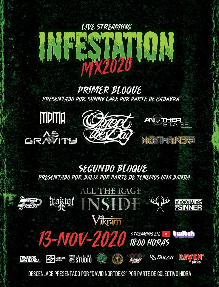 LlamadoBestia's tweet photo. El 13 de noviembre es el #InfestationMX2020 con la participación de @ObjectTheDay @NightwalkersTO (desde Panamá) #AsGravity #AnotherStage #MDMA (desde Paraguay), @AllTheRageInsid #Vikram @traktormexico @TheVshes @BecomesTheSinnr y #HAHomesickofAfterlife. https://t.co/LM81W1NG0X