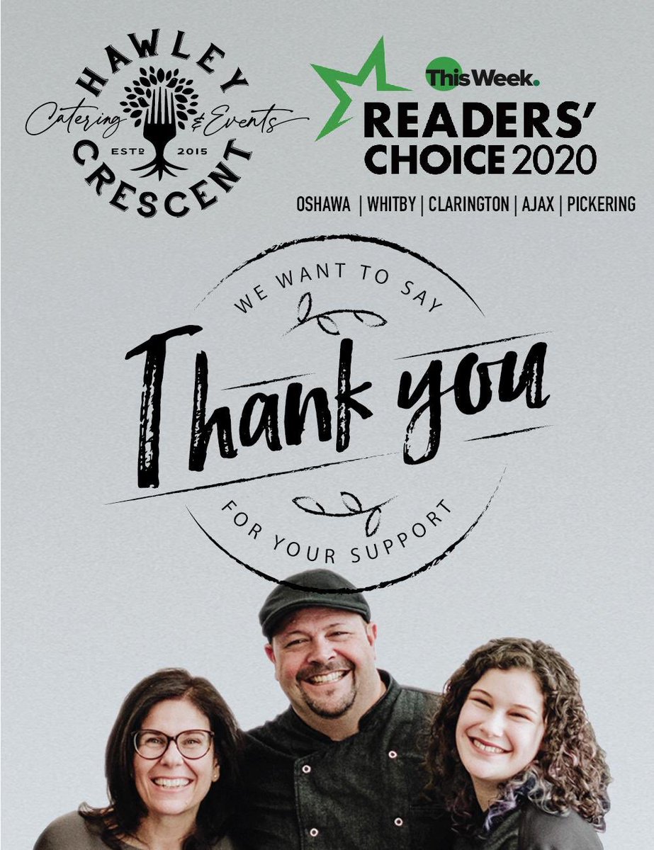 HawleyCres's tweet photo. Wow! Thank you Durham Region readers for your continued support! We have gained six Readers Choice awards across the region in Oshawa, Whitby, Ajax, Pickering &amp; Clarington! In a tough year this was nice to receive 🧡

https://t.co/JGacPHZif8 #Awards #catering #events https://t.co/OUWfQPQbWt