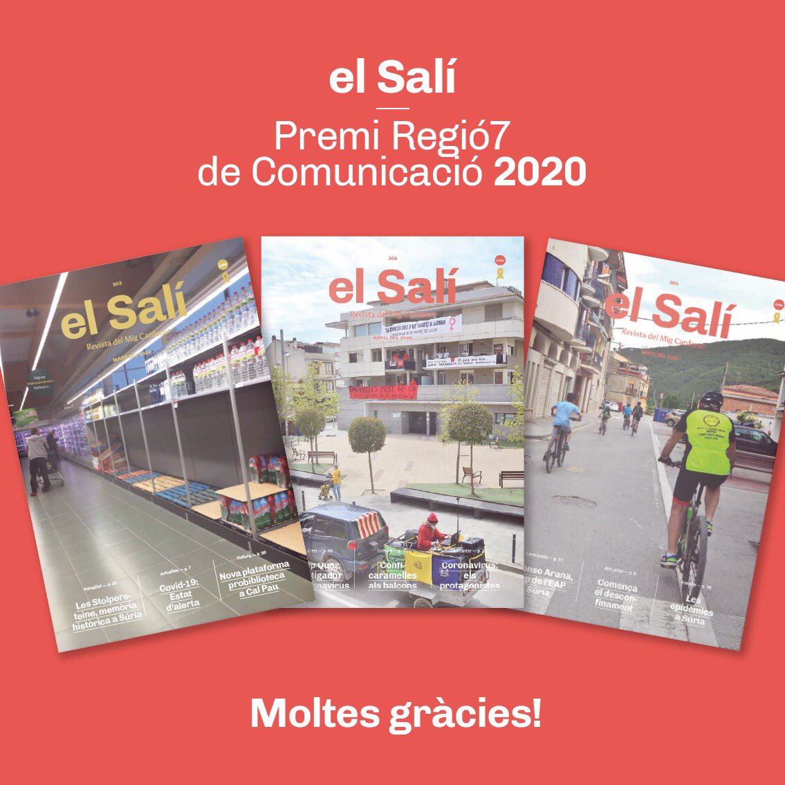 RevistaElSali's tweet photo. El Salí hem estat guardonats amb el Premi Regió7 de Comunicació 2020 "pel cobriment de l'impacte de la Covid-19 al poble i al territori del Mig Cardener", segons el veredicte del jurat. https://t.co/zaz5pYRP5J