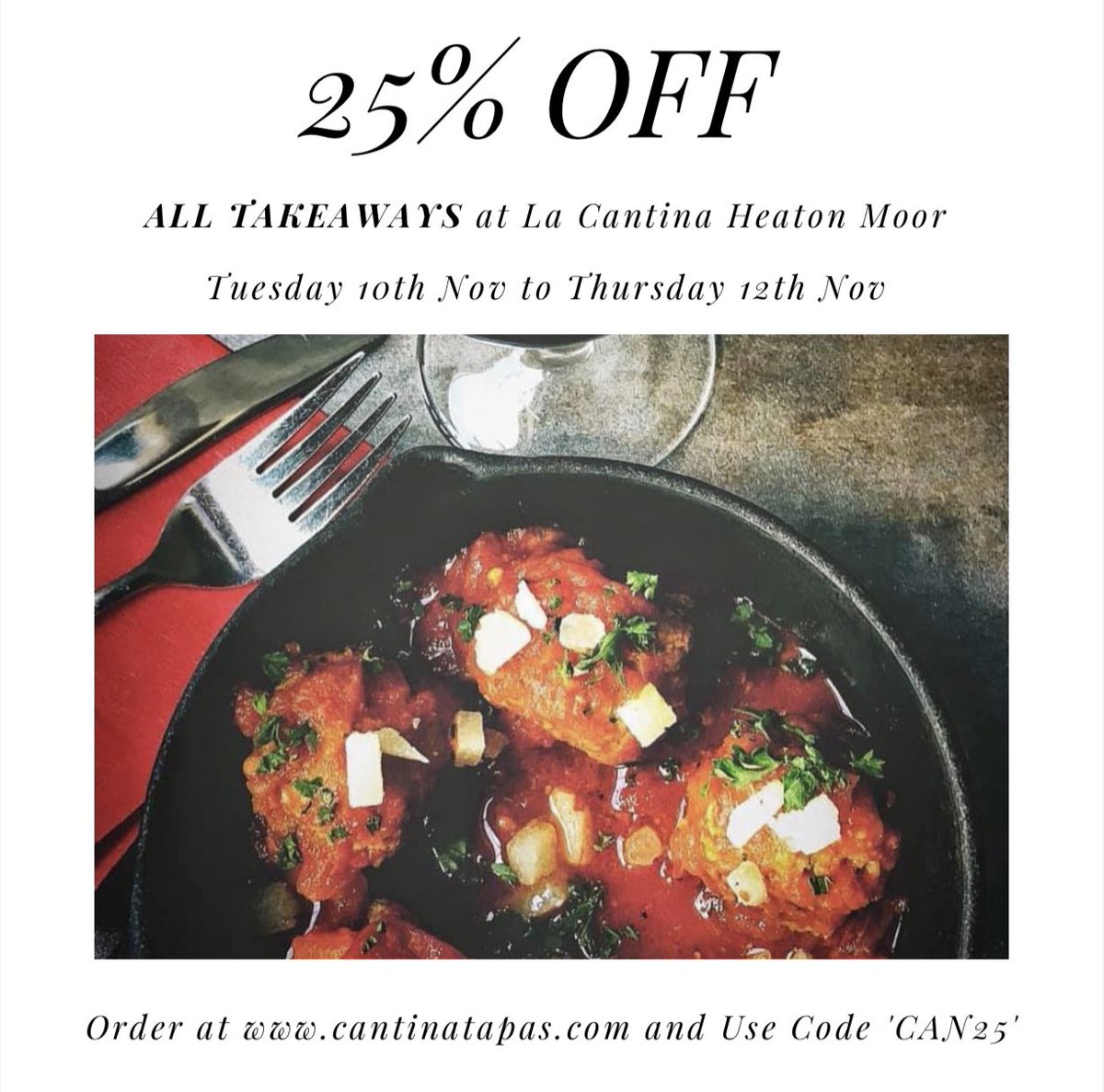 LaCantinaHM's tweet photo. Ding, ding, ding DISCOUNT TIME! 💥
This Tuesday, Wednesday and Thursday enjoy a whopping 25% off all takeaways ordered using code CAN25 ... Boom 💥
#lacantinaheatonmoor
#tapastakeaway
#deliverydiscount https://t.co/FWHUZGuoff