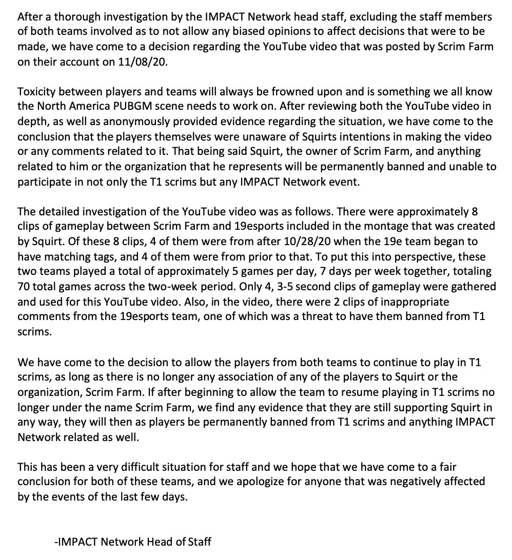 ImpacttNetwork's tweet image. IMPACT Network Head of Staff’s verdict on the ScrimFarm x 19esports situation.