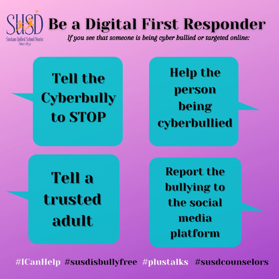 StocktonUnified's tweet photo. This month is “SUSD is Bully Free” month! Be a Digital First Responder and remember the 3Rs.
#SUSDCounselors #PLUStalks #SUSDisBullyFree https://t.co/5FOyO9yDET