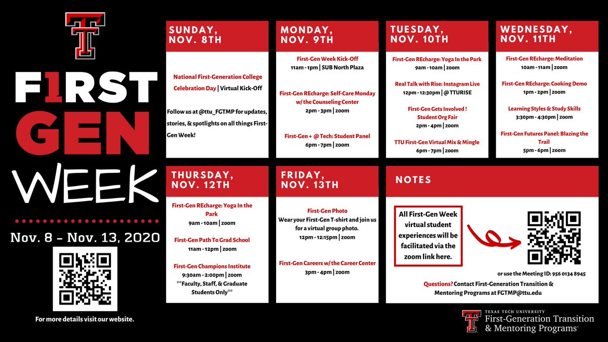 AD: Are you a first-gen Red Raider? Come celebrate First-Gen Week, with your choice of events this week (see image). We’d love to see you! #ttufirstgen #ttufgw20 #celebratefirstgen #advocatefirstgen