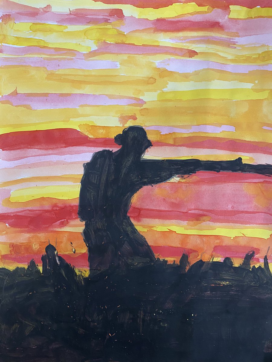 MrsNScott2018's tweet photo. Today in P6/7 @MayfieldPS we created WW1 Remembrance Day silhouette paintings. We looked at the difference between the foreground and background and learned how something visible in restricted light against a bright background creates a silhouette. #CreativeCarys #RemembranceDay https://t.co/OmEKwj4Jyv