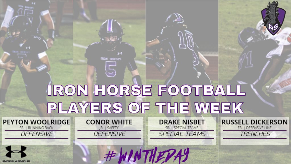 PSIronHorseFB's tweet photo. Congrats to this week's Players Of The Week for our game against Bishop England. Help us congratulate Peyton Woolridge, Conor White, Drake Nisbet, and Russell Dickerson on their performances! #WinTheDay #Family https://t.co/jYBSfiA2sF