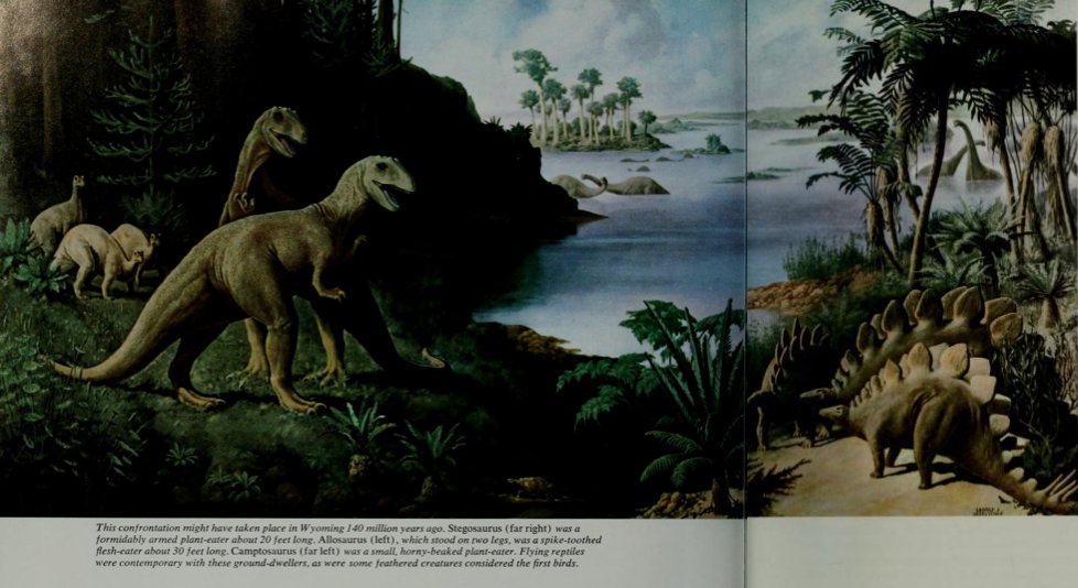 Not so much a mural as a large painting, this image by George Geselschap used to feature in the AMNH Brontosaurus hall. I knew it because it was reproduced in the Reader's Digest book, "Our Amazing World of Nature." Those sand & clay colored dinosaurs haunted me.