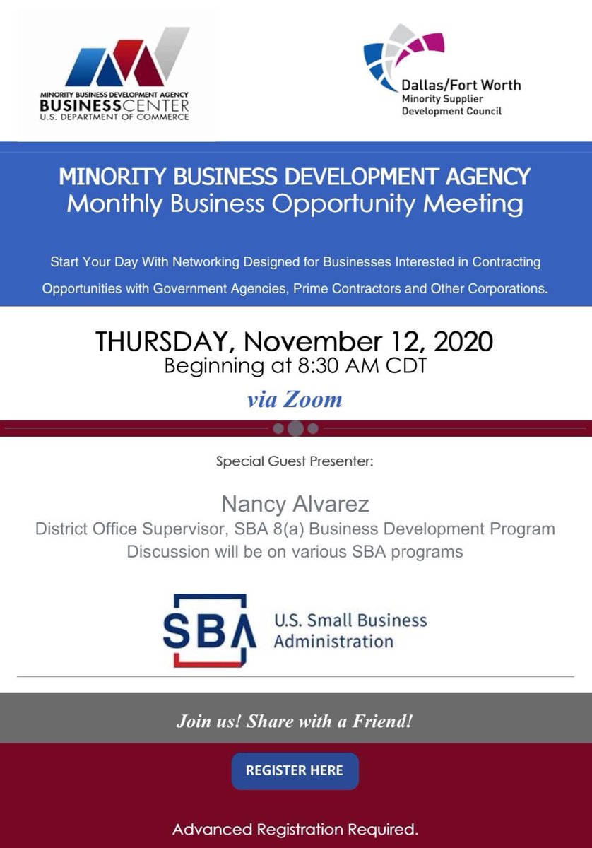 MbdaDallas's tweet photo. Tune in this Thursday, November 12th to hear from the @SBADFW’s Nancy Alvarez about programs through SBA, including 8(A) Certification!

REGISTER TODAY>>>https://t.co/EEONdAmwly

#MBDAdallas #SBA #AccesstoMarket #AccesstoCapital #AccesstoContracts #WeAreDFWMSDC https://t.co/xNwjJIzw2U