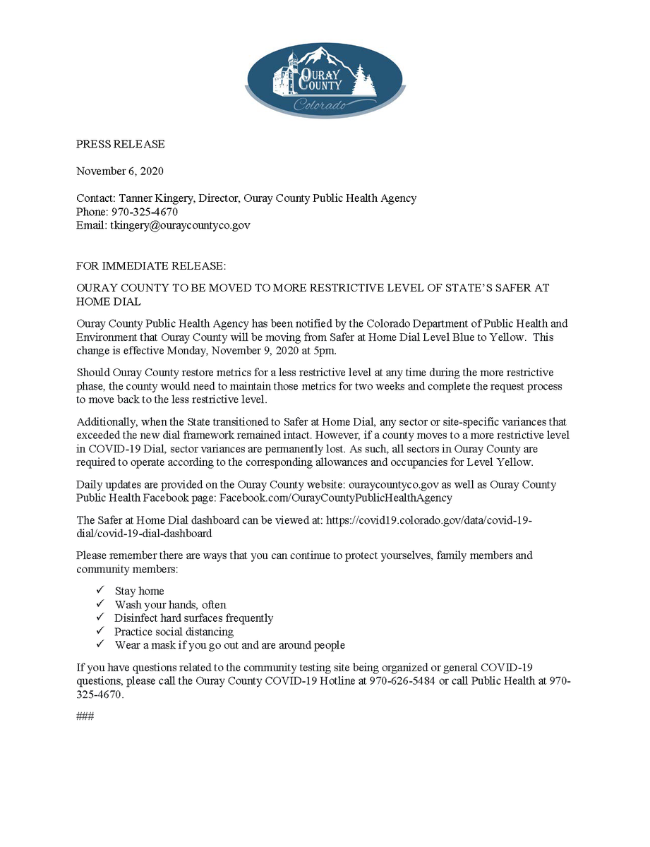 Ouray County to be moved to more restrictive level of State's Safe At Home Dial. Contact COVID-19 Hotline with questions: 970-626-5484.