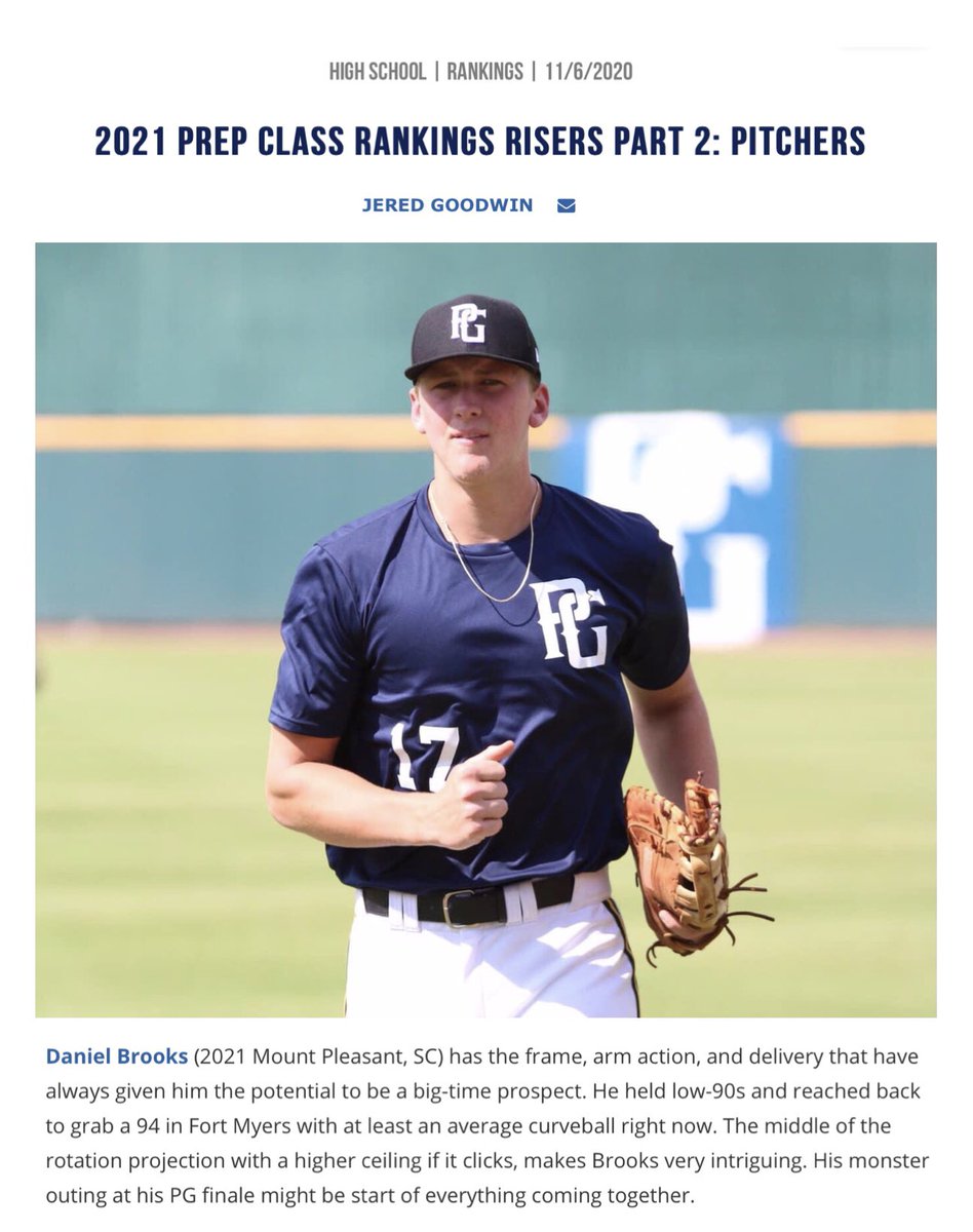 sbrooks525's tweet photo. Another nice PG article on @Daniel_brooks23 from final outing in 2020. #BrightFuture  Latest 2021 PG ranking #1 Pitcher in SC. #26 RHP in the country. Signing day on Wednesday! #CofCCommit @BishopsBaseball @CofCBaseball https://t.co/QAbl1KnThZ