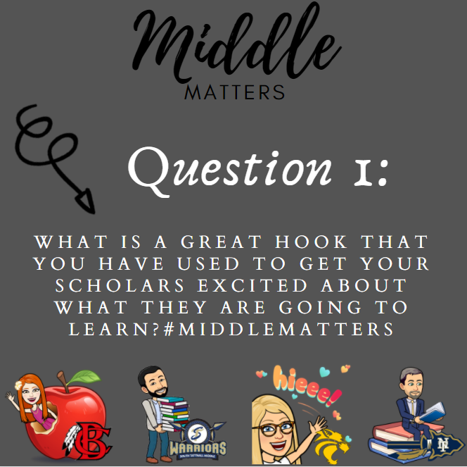 missliz31's tweet photo. Q1: Getting scholars ExExExCited about the learning is where it's at! What is a great hook you have used to kick off ELITE learning? Don't forget to use "A1" in your response and #MiddleMatters 🤩 https://t.co/jRKZjtmqd0