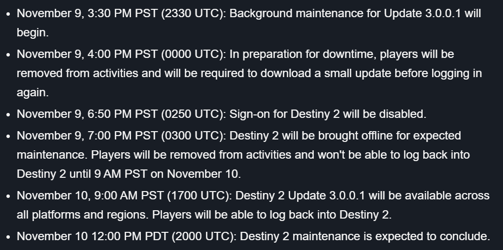 A_dmg04's tweet image. Re: What time should I sign in for the end of season event?

This is a small event, a moment for you to spend some time with friends as the season comes to a close.

Key times in the Player Support Report last week. Download your patch at 4PM, jump in before 6:50 PM Pacific.