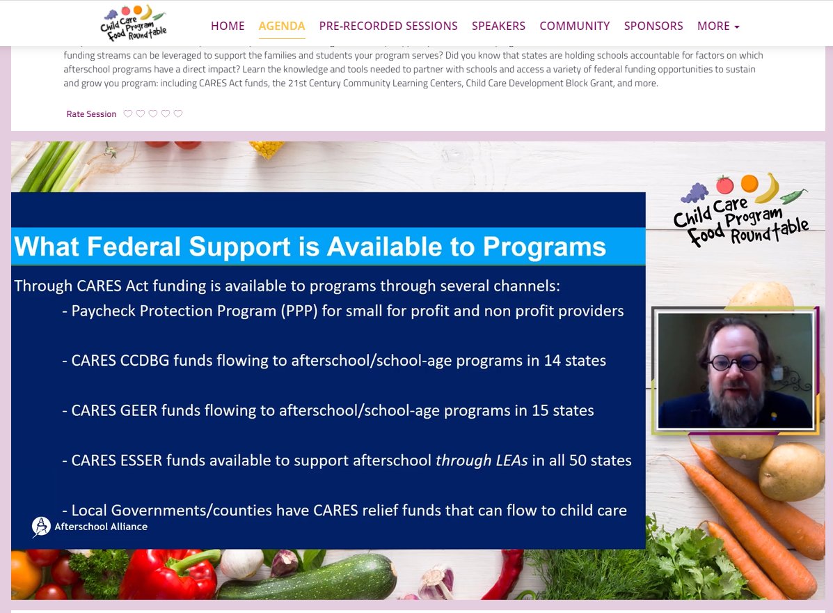 CACFPRoundtable's tweet photo. Erik Peterson from the Afterschool Alliance is explaining the Federal Funds that are available to support #afterschool #atrisk and #childcare programs. So interesting, hearing about the different federal funds available to programs. #CACFP #CACFP2020 https://t.co/5xoxaMRihC