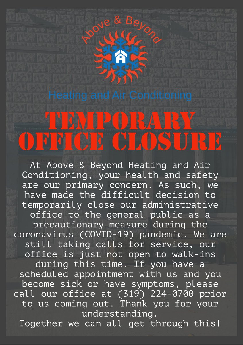 hvacaab's tweet photo. We have made the difficult decision to temporarily close our office to walk-ins during the coronavirus (COVID-19) pandemic. We will still continue to take HVAC calls during this time. We are here whenever you need us, just give us a call at (319) 224-0700. Thanks! https://t.co/EDxLOzfkmN