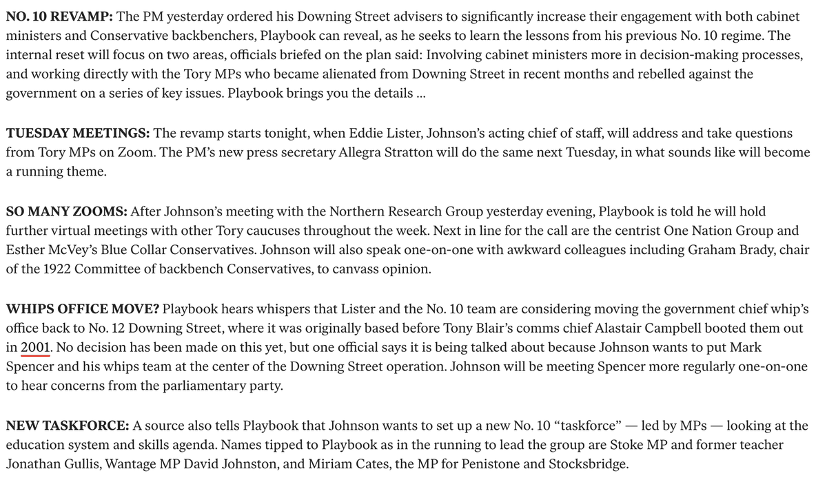 alexwickham's tweet photo. Playbook scoop: The PM yesterday ordered a reset of No10 to get Tory MPs back onside

— Tuesday MP meetings with Lister &amp; Stratton
— PM meetings with Tory caucuses
— whips office could move to No12 Downing St
— new education taskforce
— "It has opened up literally overnight" https://t.co/QmtcSu0Kgd