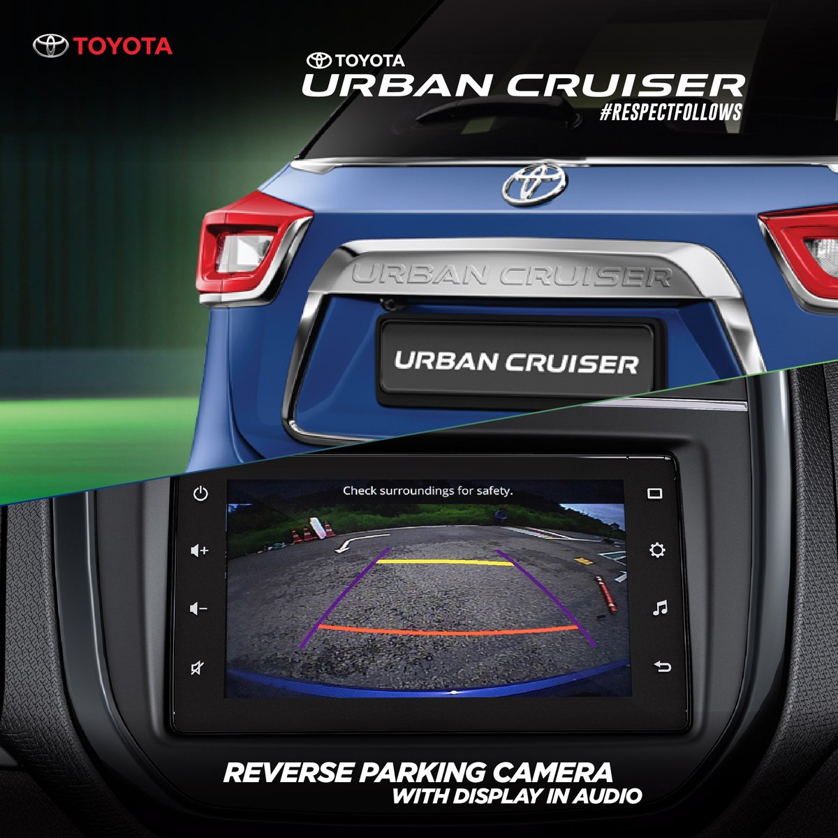 Toyota_India's tweet photo. The #ToyotaUrbanCruiser comes with Reverse Parking camera with Display in audio to assist you in tight spots. Deliveries for Toyota’s #YoungestSUV have started. Book a test drive now: https://t.co/rNUS1GiASm
#Toyota #UrbanCruiser #IndiaSUV #RespectFollows #RespectDelivers https://t.co/GovY815pBa