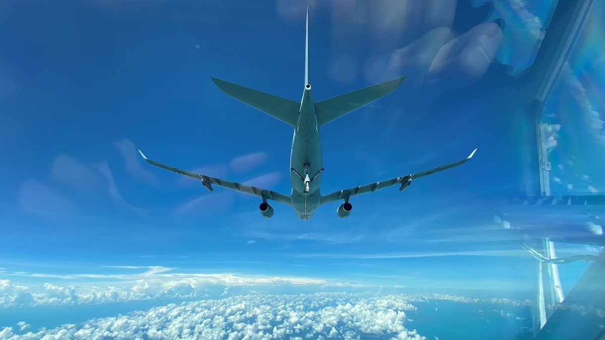 A Republic of Singapore Air Force (RSAF) Multi-Role Tanker Transport (MRTT) during training with a Royal Australian Air Force KC-30A MRTT in the Northern Territory.