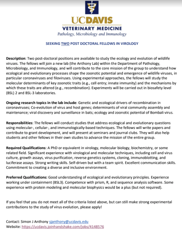 Dr. Angela Rasmussen (@angie_rasmussen) on Twitter photo Looking for a cool postdoc studying the ecology and evolution of wildlife viruses? Consider the brand new lab of my dear friend and collaborator <a href="/DrSimonAnthony/">Simon J Anthony</a> <a href="/ucdavisvetmed/">UC Davis Veterinary Medicine</a>. He's hiring two positions to work on corona- & filoviruses in bats. Great PI, great projects...Apply!!! Looking for a cool postdoc studying the ecology and evolution of wildlife viruses? Consider the brand new lab of my dear friend and collaborator <a href="/DrSimonAnthony/">Simon J Anthony</a> <a href="/ucdavisvetmed/">UC Davis Veterinary Medicine</a>. He's hiring two positions to work on corona- & filoviruses in bats. Great PI, great projects...Apply!!!