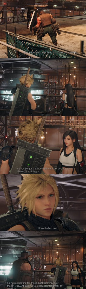 In FF7R, we get this new scene of Cloud & Barret bickering then Cloud & Tifa going off into their own world, discussing plans and Cloud f̶l̶i̶r̶t̶i̶n̶g̶ complimenting Tifa, with Barret third wheeling it 