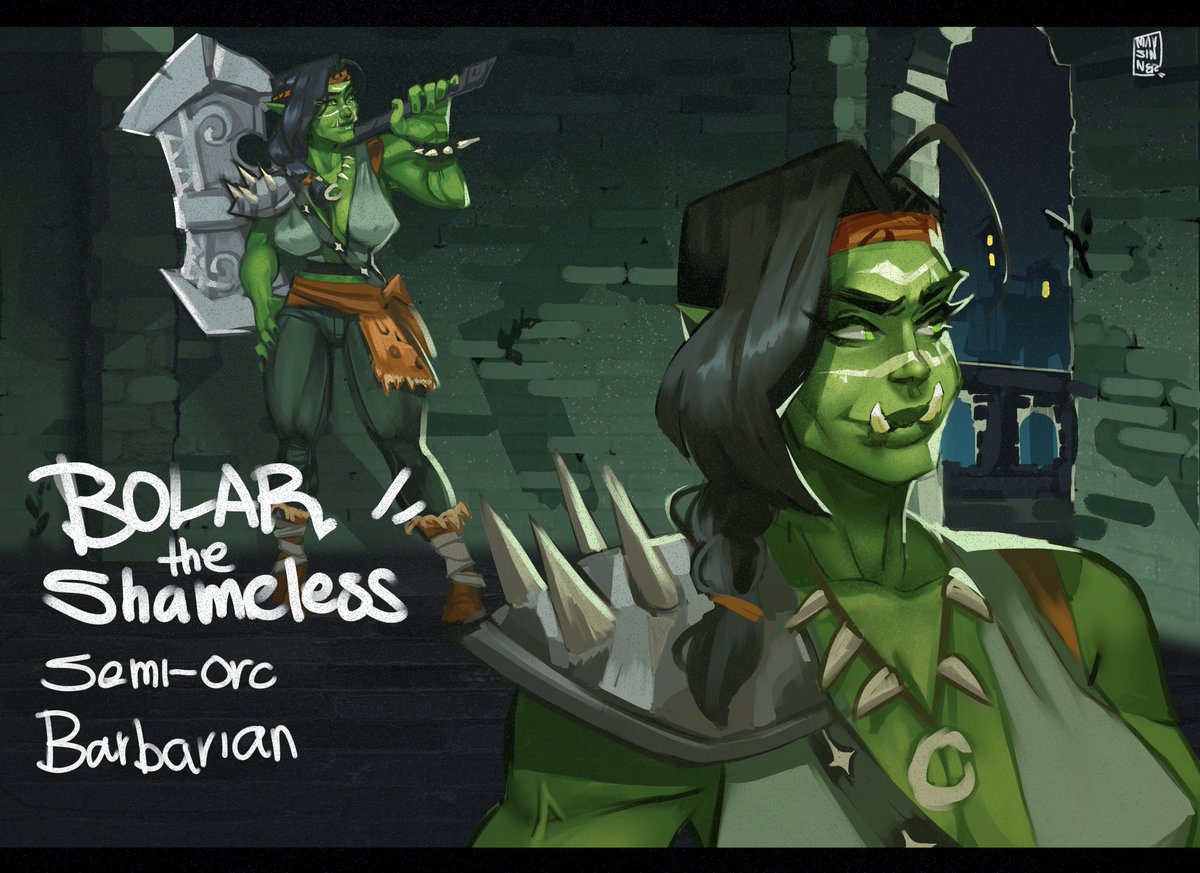 mausinner's tweet photo. Hey everyone I made a lil character sheet for my baby (well kinda mostly just the drawings). I'm playing her in a friend's campaign and she's not the brightest but she can charm your pants off #dnd #orc #semiorc #monstergirl #dungeonsanddragons https://t.co/jURF4Dn6F5