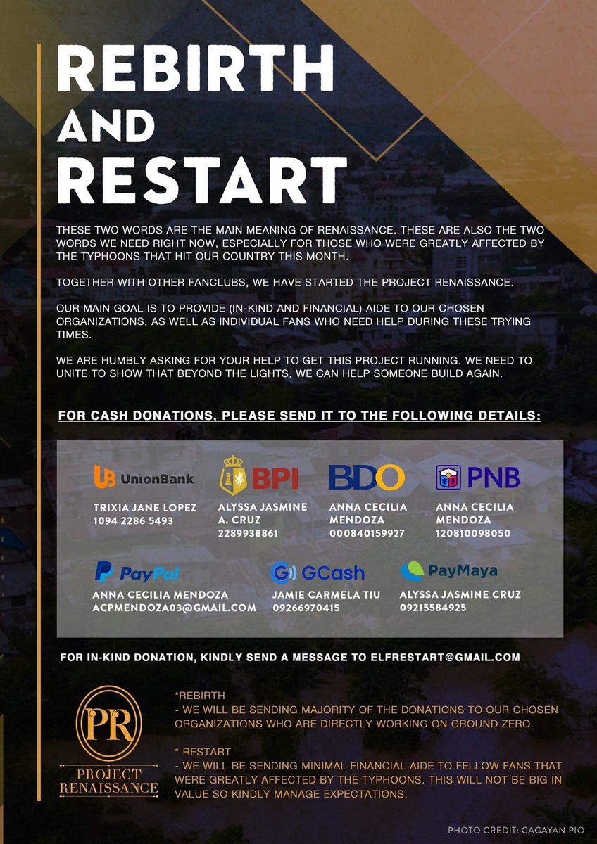 SISTARphils's tweet photo. Our first round of donations would be until tonight, Nov. 17,2020, 11:59 PM
You can contact us or @ProjectRenais for more information.

For cash donations, kindly fill out this form: https://t.co/i1KUYojNTq

#RebirthAndRestartPH
#ProjectRenaissance
#UlyssesPHAid https://t.co/vojczSK87A