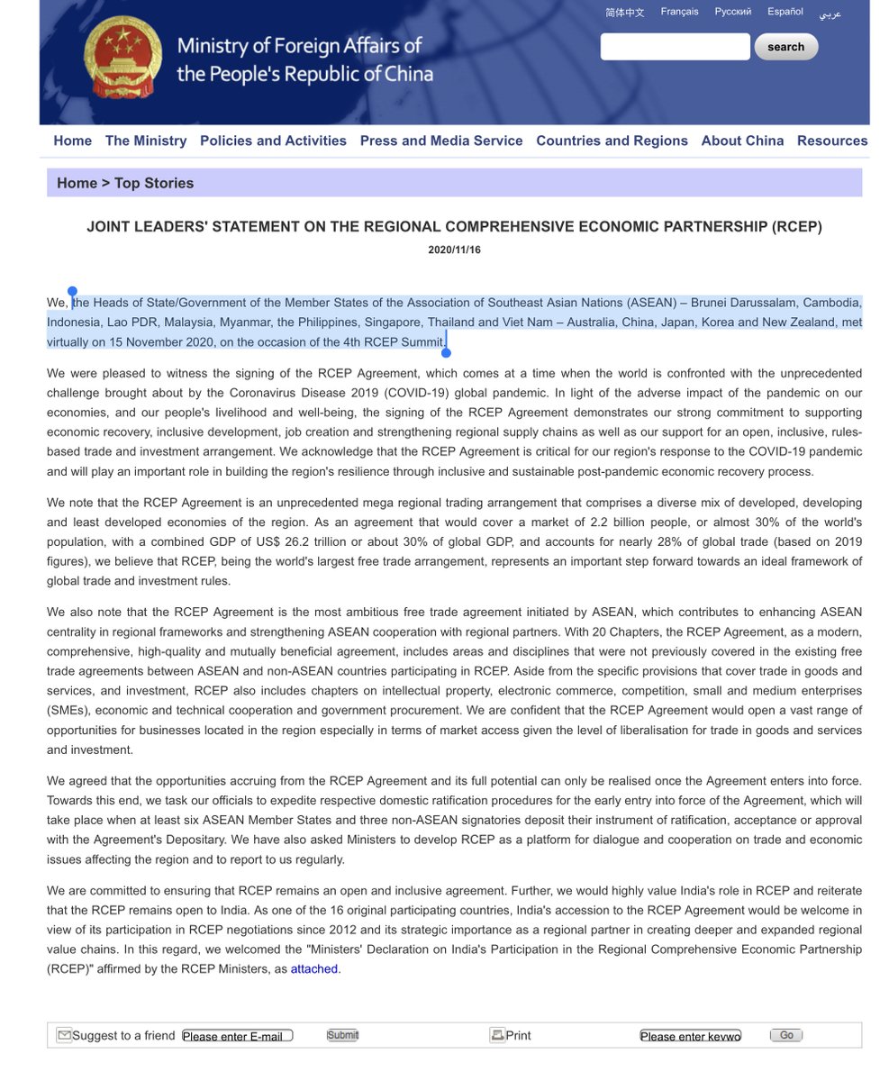 China once again foxed  @realDonaldTrump  @USTradeRepHeads of State/Government of the Member States of the ASEAN; Brunei DarussalamCambodiaIndonesiaLao PDRMalaysiMyanmarPhilippinesSingaporeThailandViet NamAustraliaChinaJapanKoreaNew Zealandmet virtually on 11/15/20