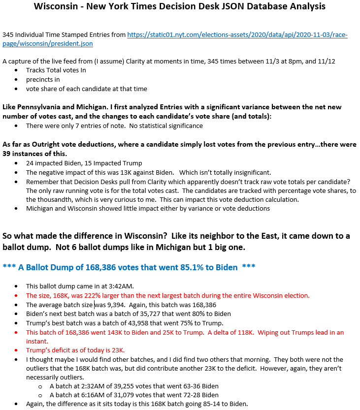 Wisconsin Vote Database analysis - THREAD1/nWisconsin really did come down to one giant ballot dump in the middle of the night. This is my third in a series of State analyses using the NYT Decision Desk database.CLICK THE IMAGES in each tweet, starting with below. 1/n
