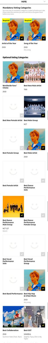 #2020MAMA VOTING

Artist Of The Year
👑ZICO
Song Of The Year
👑ZICO 'Anysong'
WW Fans' Choice
👑ZICO
Best New Male Artist
👑TOO
Best Male Group
👑NCT
Best Male Artist
👑ZICO
Best Dance Male Group
👑NCT127
Best HipHop &amp; Urban
👑ZICO
Best Collab
👑ZICO x Rain
Best OST
👑Sandeul